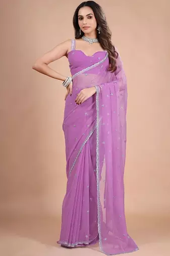 Lavender embellished sequinned pure chiffon saree