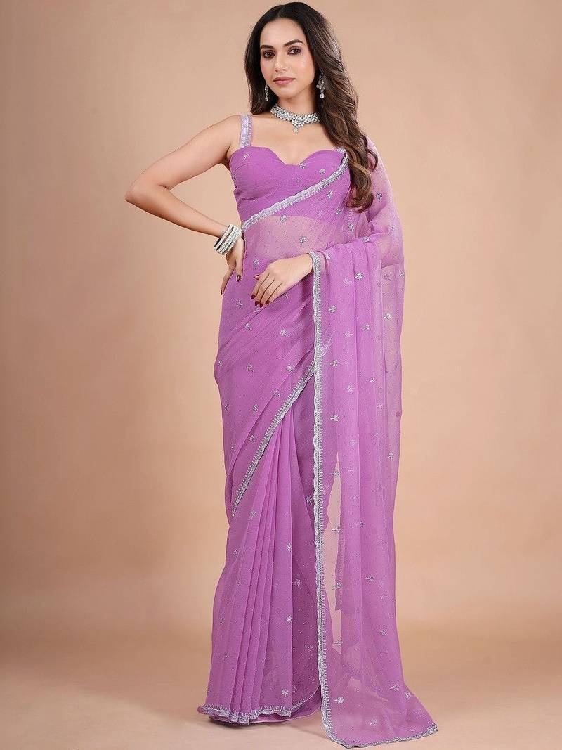 Lavender embellished sequinned pure chiffon saree