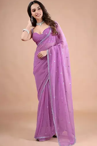 Lavender embellished sequinned pure chiffon saree