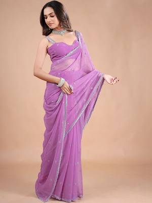 Lavender embellished sequinned pure chiffon saree 3