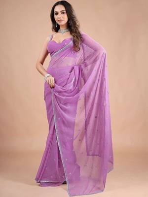 Lavender embellished sequinned pure chiffon saree 4