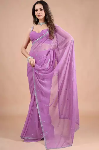 Lavender embellished sequinned pure chiffon saree