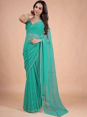 Sea green embellished sequinned pure chiffon heavy work saree 1