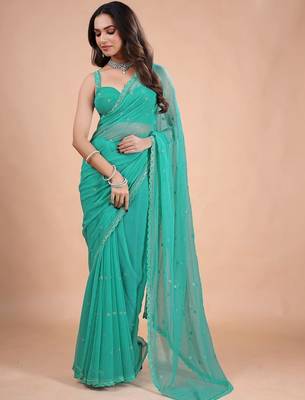 Sea green embellished sequinned pure chiffon heavy work saree 2