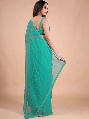 Sea green embellished sequinned pure chiffon heavy work saree 4