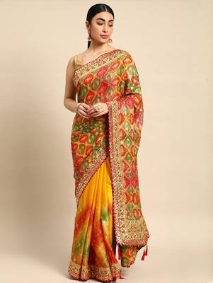 Yellow bandhani gotta patti pure chiffon designer bandhani saree 1