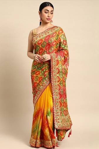 Yellow bandhani gotta patti pure chiffon designer bandhani saree