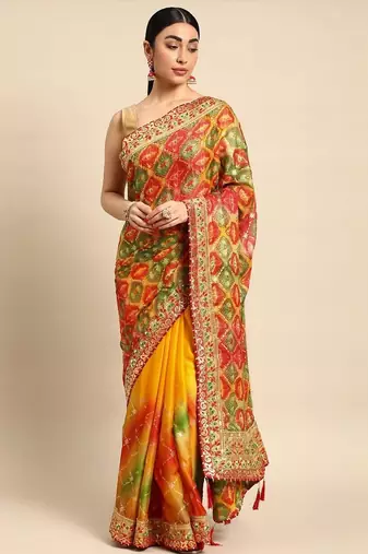 Yellow bandhani gotta patti pure chiffon designer bandhani saree