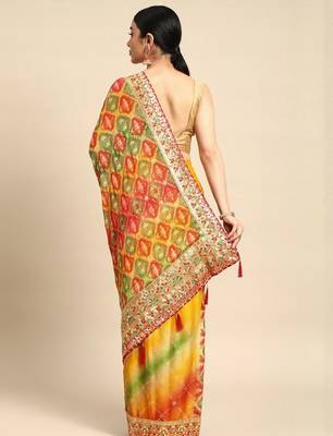 Yellow bandhani gotta patti pure chiffon designer bandhani saree 2