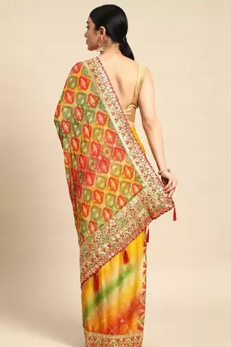 Yellow bandhani gotta patti pure chiffon designer bandhani saree