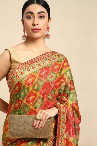 Yellow bandhani gotta patti pure chiffon designer bandhani saree