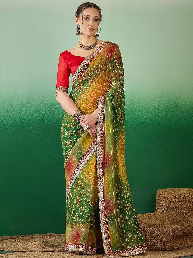 Green bandhani sequinned pure georgette bandhani saree
