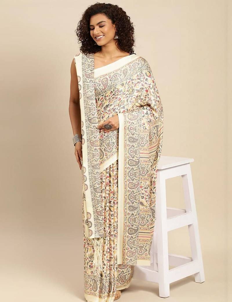 White white pashmina silk saree with unstitched blouse and shawal