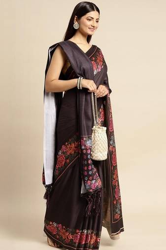 Black black pashmina silk saree with unstitched blouse and shawal