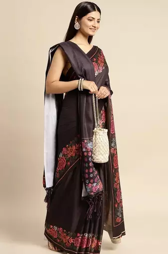 Black black pashmina silk saree with unstitched blouse and shawal