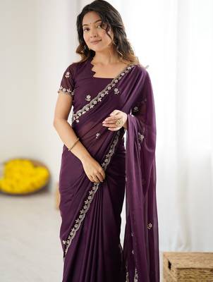 Purple embroidered saree with unstiched blouse piece 1