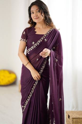 Purple embroidered saree with unstiched blouse piece