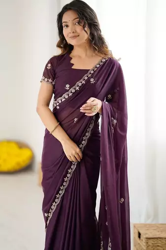 Purple embroidered saree with unstiched blouse piece