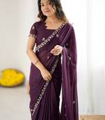 Purple embroidered saree with unstiched blouse piece