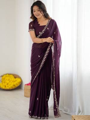 Purple embroidered saree with unstiched blouse piece 2