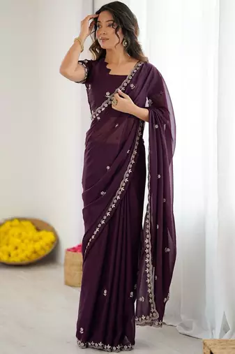 Purple embroidered saree with unstiched blouse piece