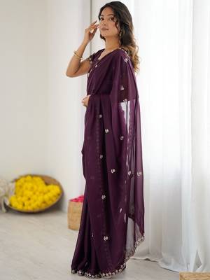 Purple embroidered saree with unstiched blouse piece 4