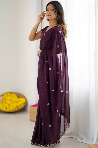 Purple embroidered saree with unstiched blouse piece
