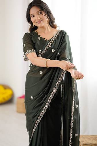 Green floral embroidered saree with blouse piece
