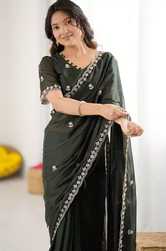 Green floral embroidered saree with blouse piece