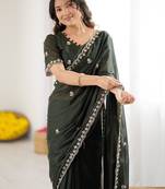 Green floral embroidered saree with blouse piece