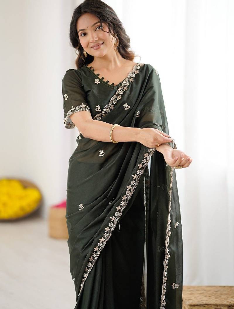 Green floral embroidered saree with blouse piece