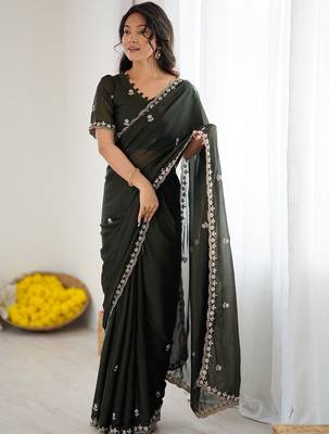 Green floral embroidered saree with blouse piece 2
