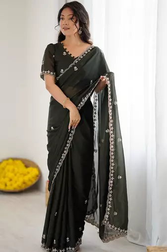 Green floral embroidered saree with blouse piece