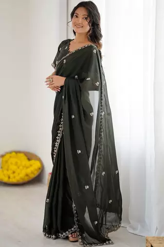 Green floral embroidered saree with blouse piece