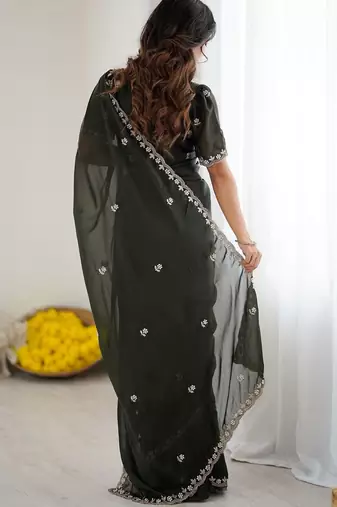 Green floral embroidered saree with blouse piece