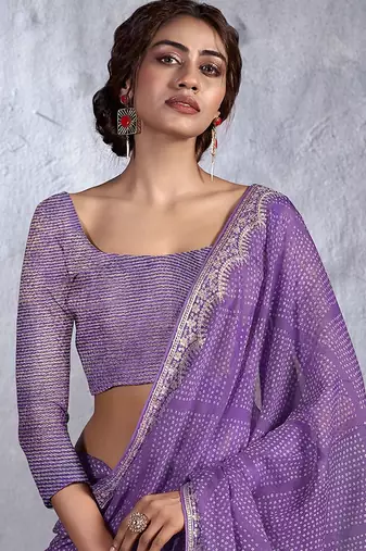 Purple bandhani sequinned poly chiffon saree