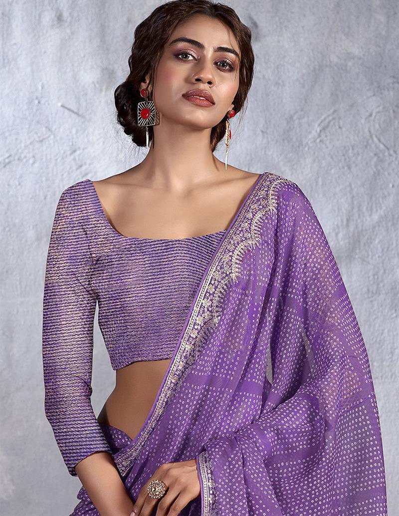 Purple bandhani sequinned poly chiffon saree