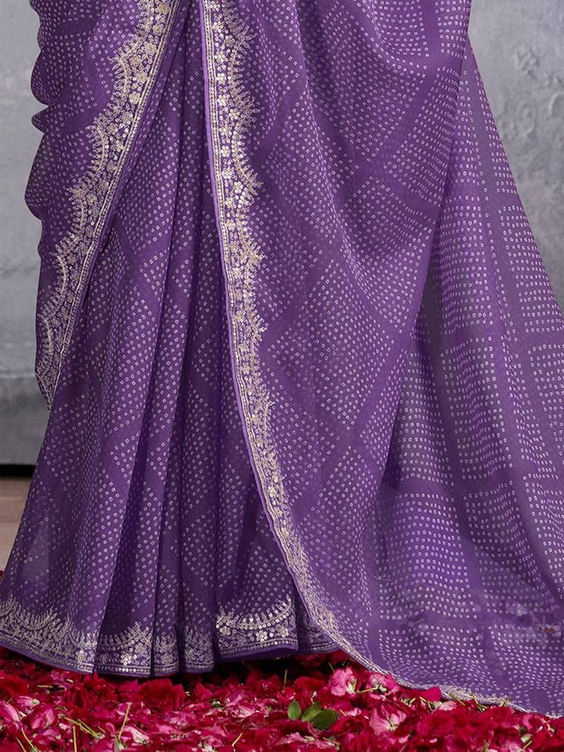 Purple bandhani sequinned poly chiffon saree