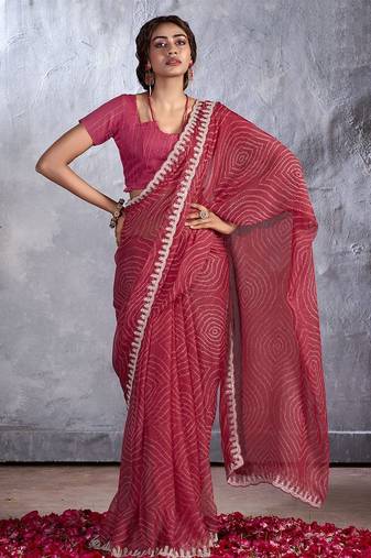 Red bandhani sequinned poly chiffon saree