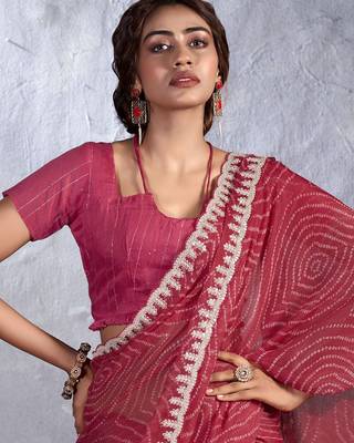 Red bandhani sequinned poly chiffon saree 2