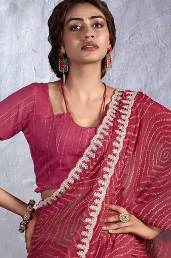 Red bandhani sequinned poly chiffon saree