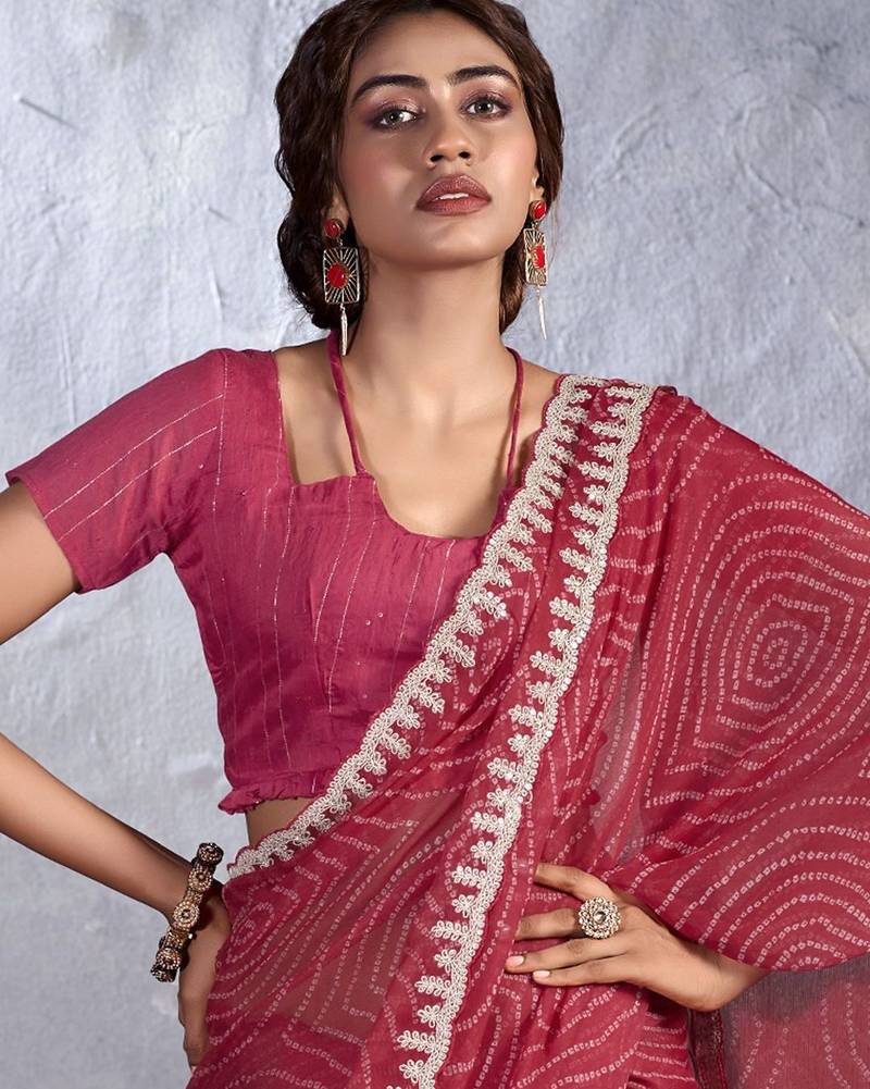 Red bandhani sequinned poly chiffon saree