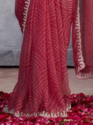Red bandhani sequinned poly chiffon saree 3