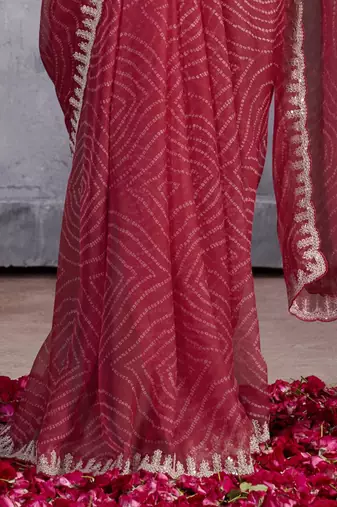 Red bandhani sequinned poly chiffon saree