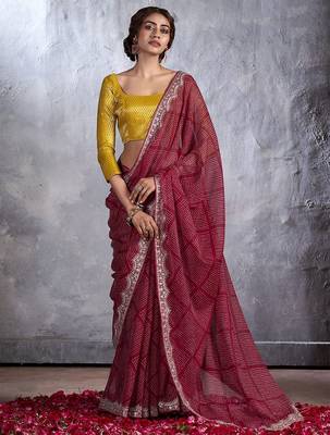 Maroon bandhani sequinned poly chiffon saree 1