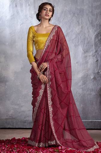 Maroon bandhani sequinned poly chiffon saree