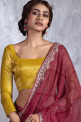 Maroon bandhani sequinned poly chiffon saree