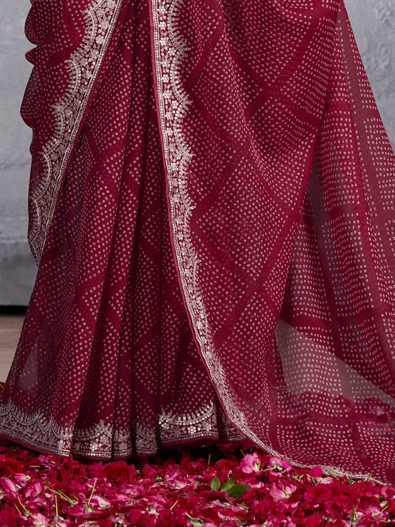 Maroon bandhani sequinned poly chiffon saree