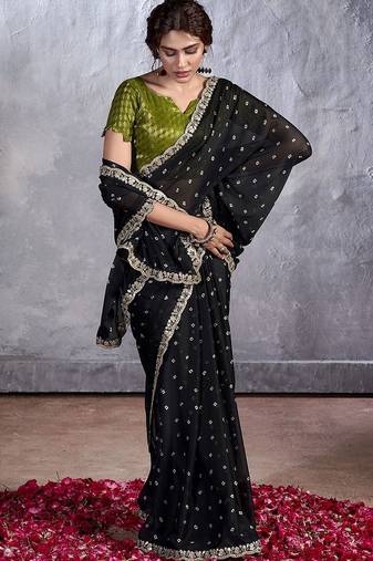 Black bandhani sequinned poly chiffon saree