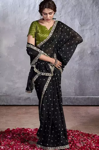 Black bandhani sequinned poly chiffon saree